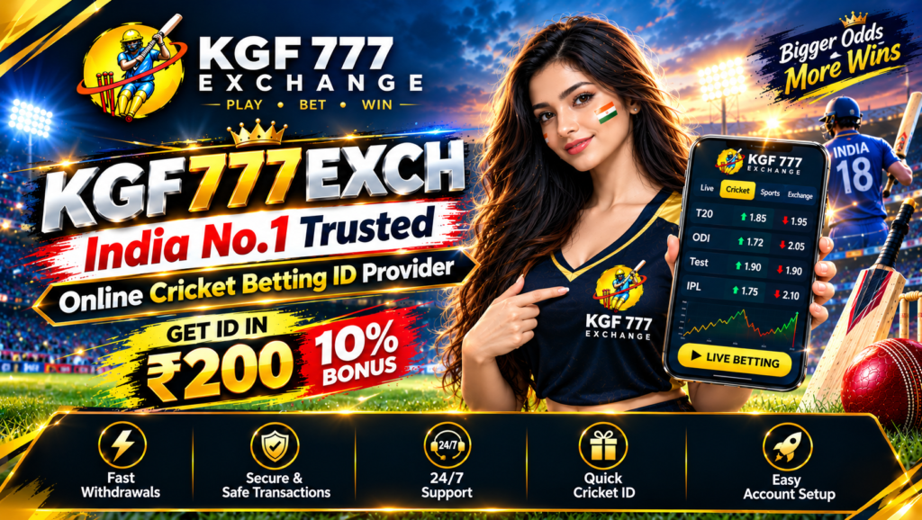 KGF777EXCH online cricket betting ID provider with cricket stadium and betting exchange interface.