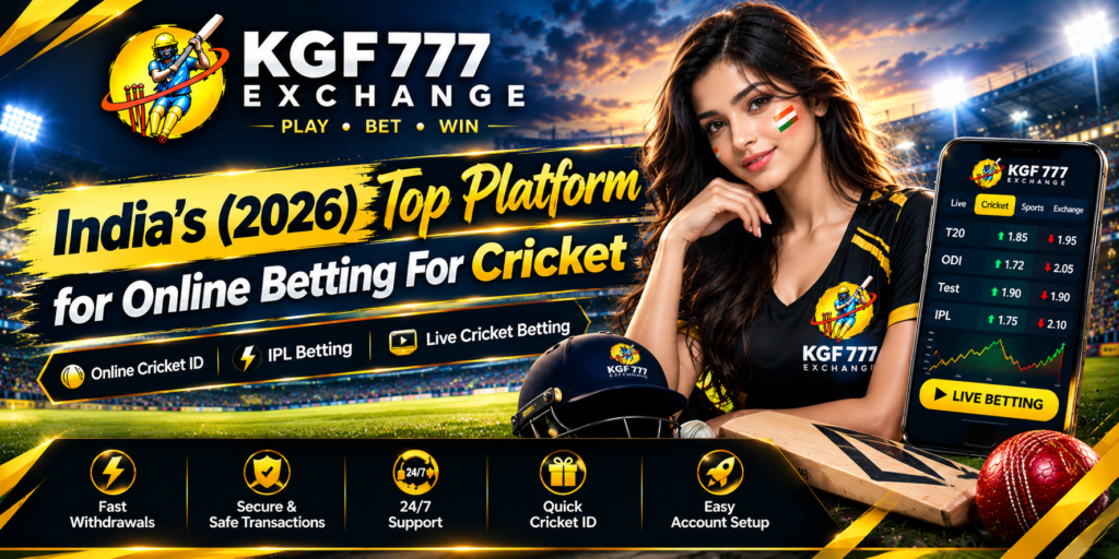 KGF777EXCH India’s 2026 online cricket betting platform banner featuring Online Cricket ID, IPL betting, live cricket betting, and cricket stadium visuals.