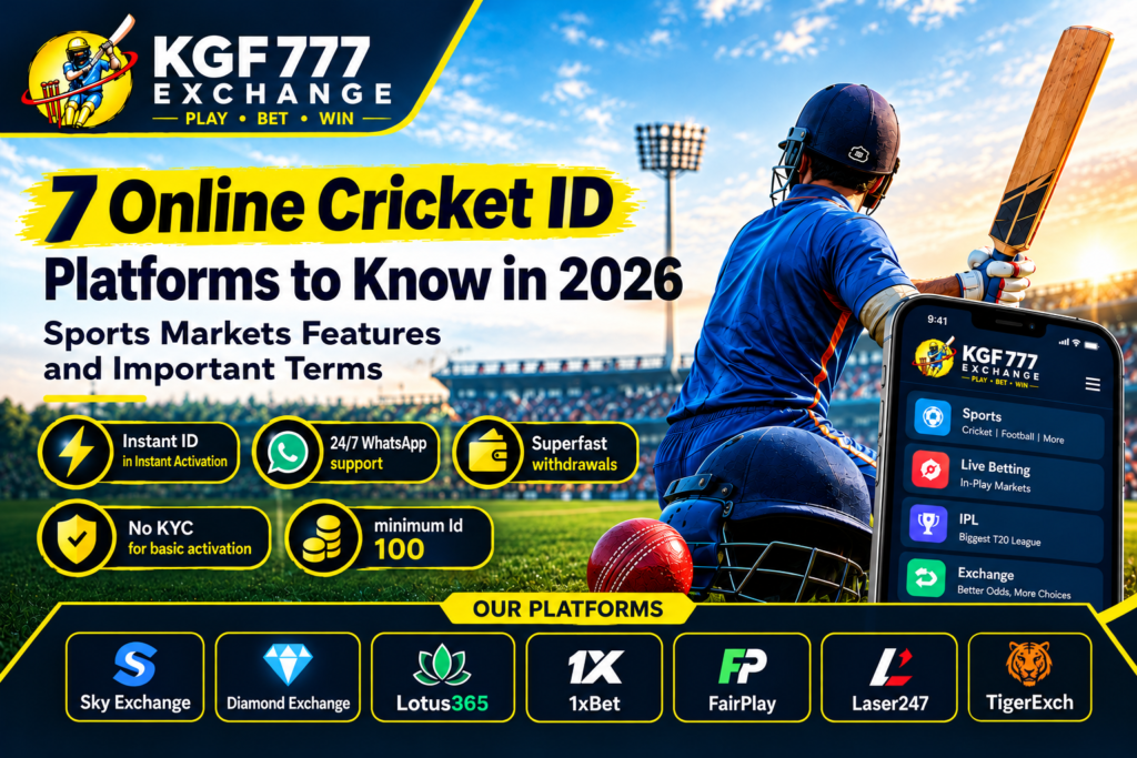 7 Online Cricket ID – KGF777 Exchange platforms, cricket stadium, batsman, sports betting features and online cricket services in 2026